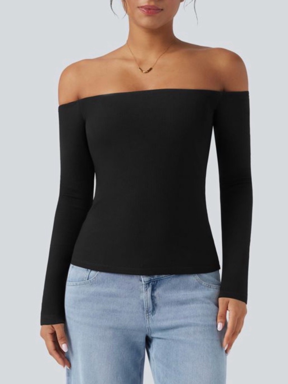 HALARA Ribbed Knit Off-Shoulder Long Sleeve 2-in-1 Top NWT